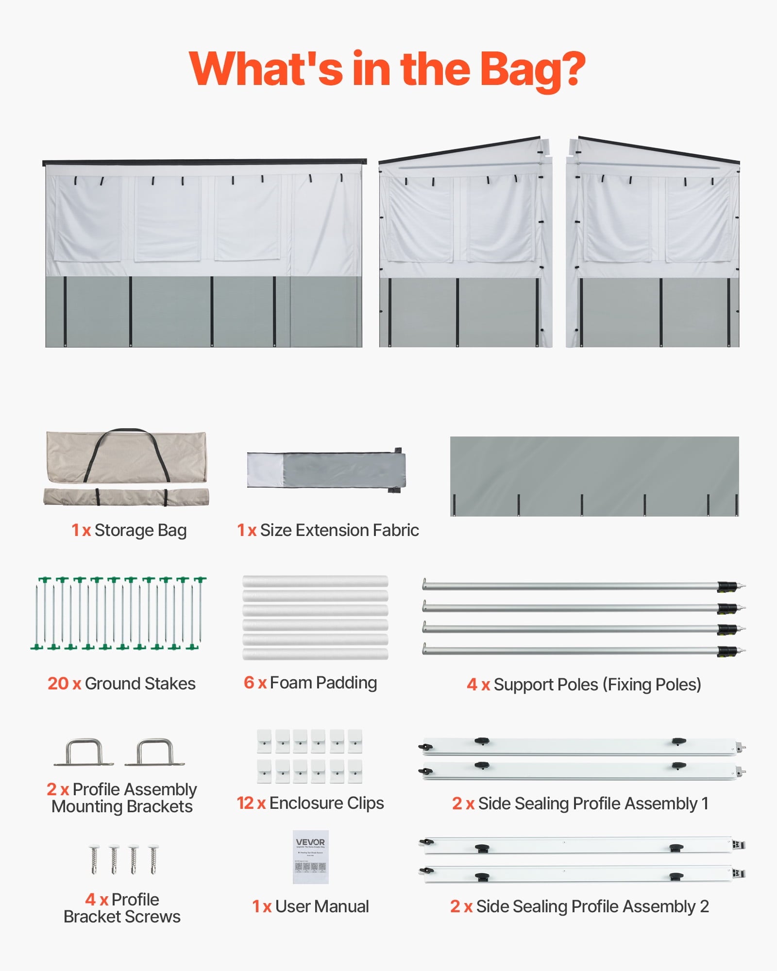 VEVOR RV Awning Sun Shade Room - Compatible with 16 -17 ft Awnings, RV Awning Sun Shading Room with Door & Ventilated Mesh Windows, Sunproof & Windproof Three-Sided Enclosure Tent for RV Camping