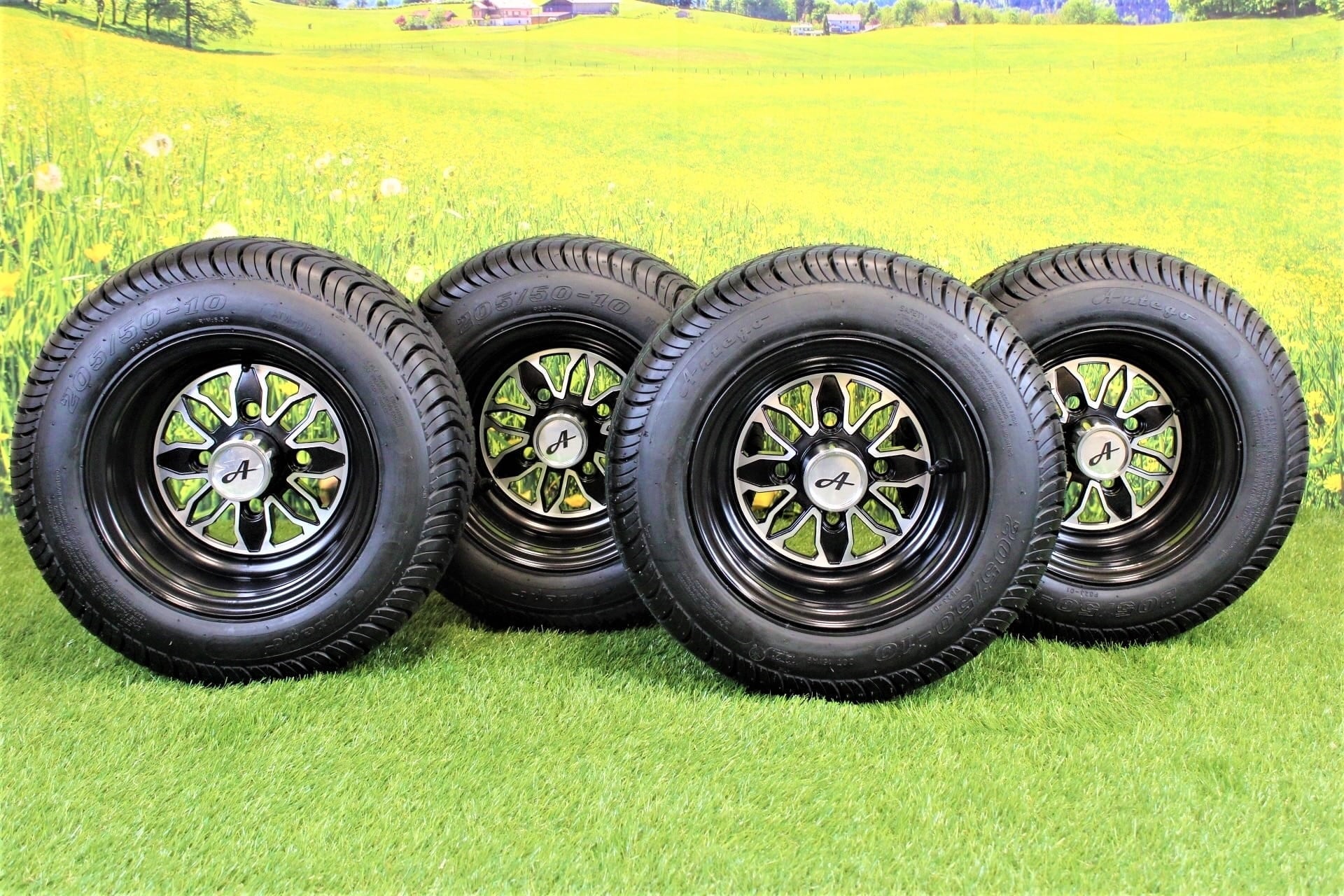 (New) Antego 205/50-10 with 10x7 Fusion Glossy Black Wheels for Golf Cart (Set of 4)